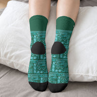 Cook Islands Island Floral Crew Socks Teal Traditional Kuki's Geometric Pattern