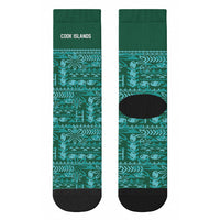 Cook Islands Island Floral Crew Socks Teal Traditional Kuki's Geometric Pattern