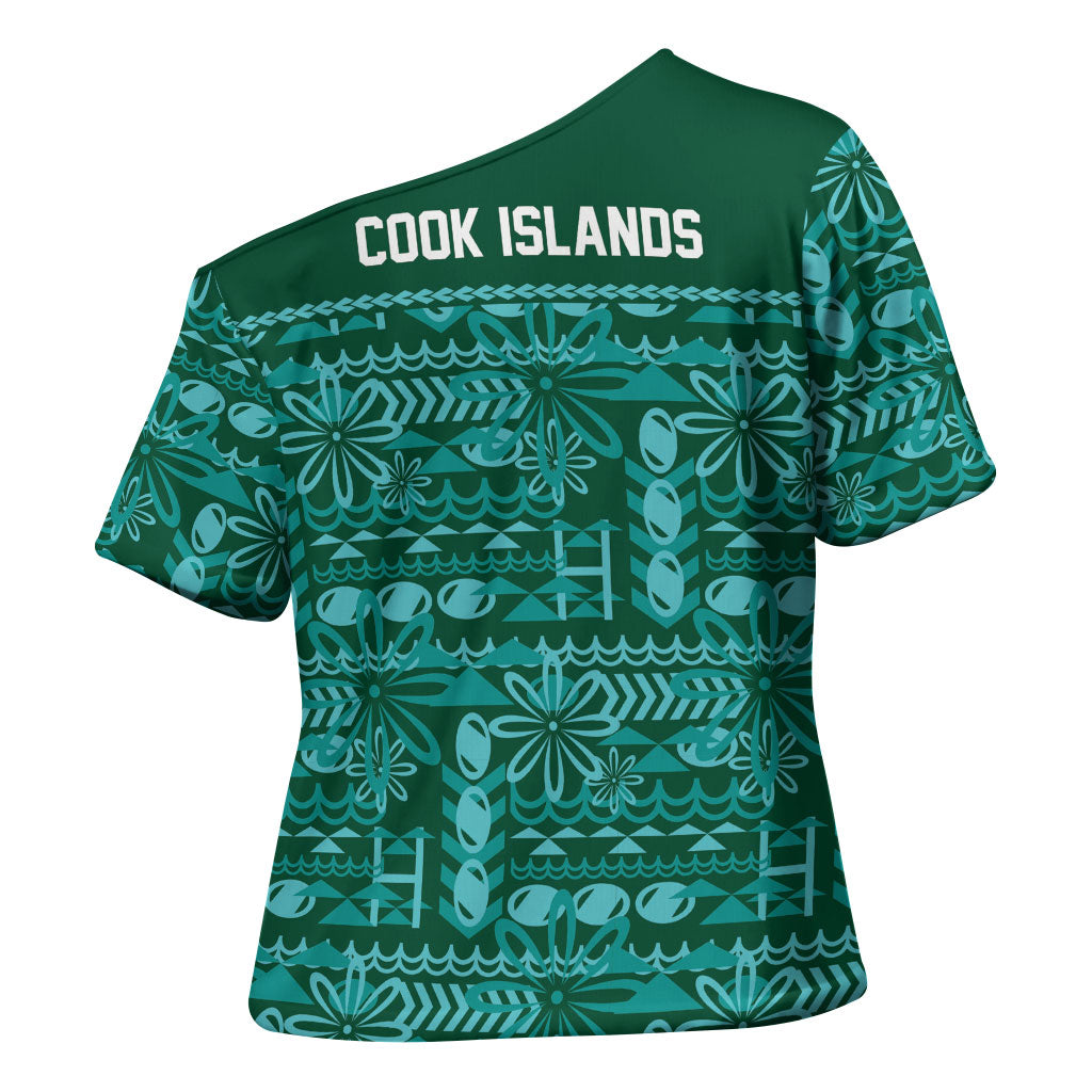 Cook Islands Island Floral Cross Shoulder Shirt Teal Traditional Kuki's Geometric Pattern LT9 - Polynesian Pride