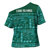 Cook Islands Island Floral Cross Shoulder Shirt Teal Traditional Kuki's Geometric Pattern LT9 - Polynesian Pride