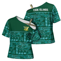 Cook Islands Island Floral Cross Shoulder Shirt Teal Traditional Kuki's Geometric Pattern LT9 - Polynesian Pride