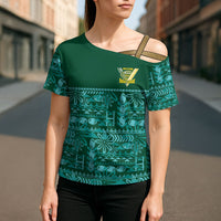 Cook Islands Island Floral Cross Shoulder Shirt Teal Traditional Kuki's Geometric Pattern LT9 - Polynesian Pride