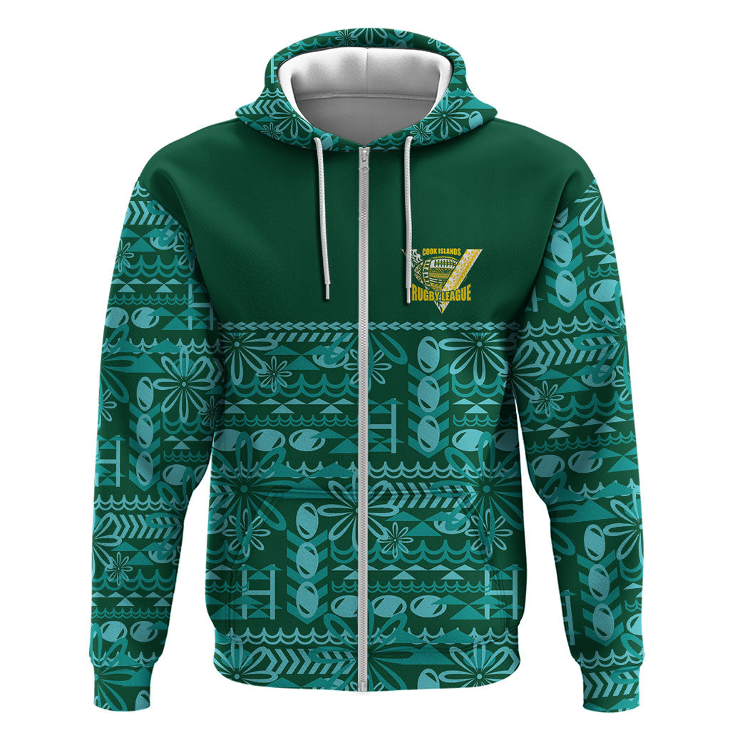 Cook Islands Island Floral Hoodie Teal Traditional Kuki's Geometric Pattern LT9 Zip Hoodie Teal - Polynesian Pride