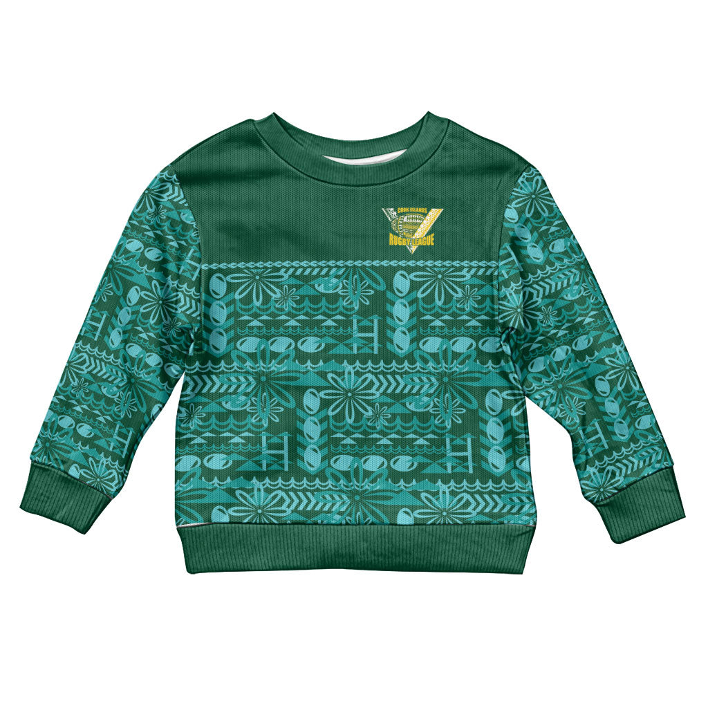 Cook Islands Island Floral Kid Ugly Christmas Sweater Teal Traditional Kuki's Geometric Pattern LT9 Kid Teal - Polynesian Pride