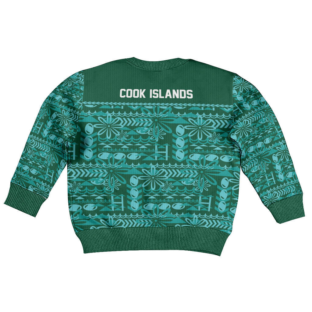 Cook Islands Island Floral Kid Ugly Christmas Sweater Teal Traditional Kuki's Geometric Pattern LT9 - Polynesian Pride