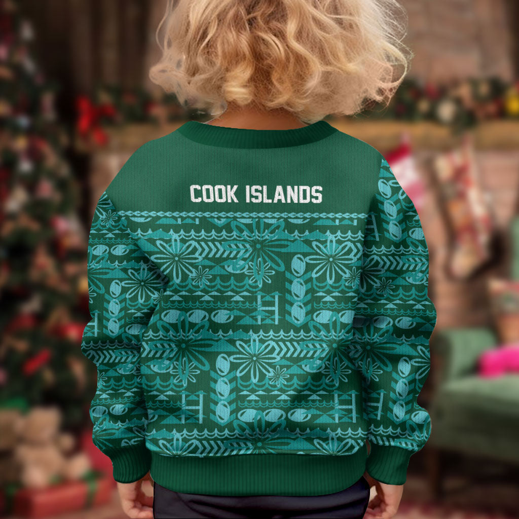 Cook Islands Island Floral Kid Ugly Christmas Sweater Teal Traditional Kuki's Geometric Pattern LT9 - Polynesian Pride