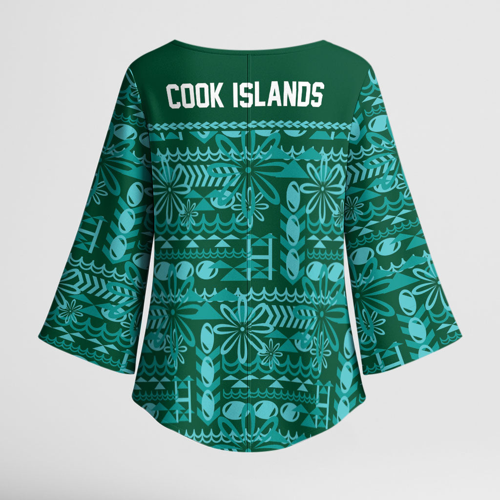 Cook Islands Island Floral Kimono Sleeve Blouse Teal Traditional Kuki's Geometric Pattern LT9 - Polynesian Pride