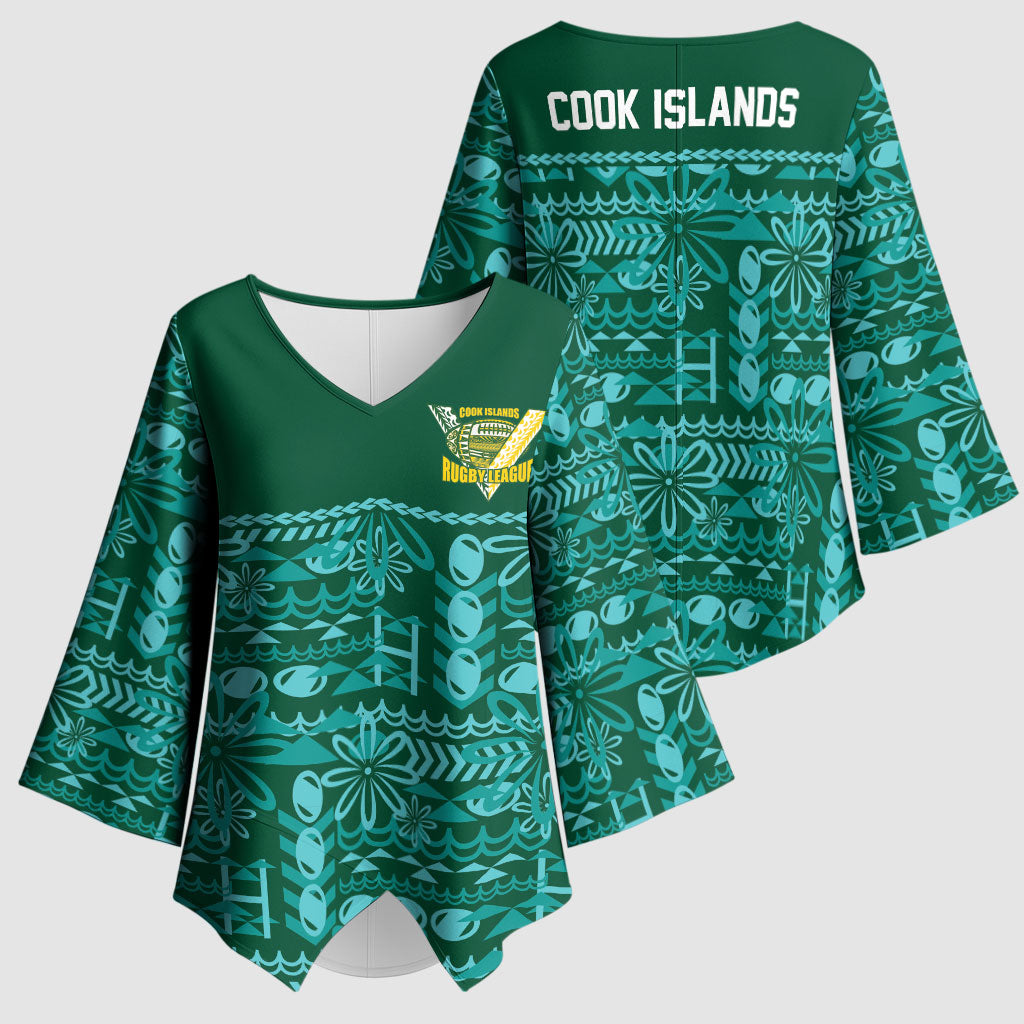 Cook Islands Island Floral Kimono Sleeve Blouse Teal Traditional Kuki's Geometric Pattern LT9 - Polynesian Pride