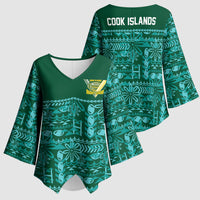 Cook Islands Island Floral Kimono Sleeve Blouse Teal Traditional Kuki's Geometric Pattern LT9 - Polynesian Pride