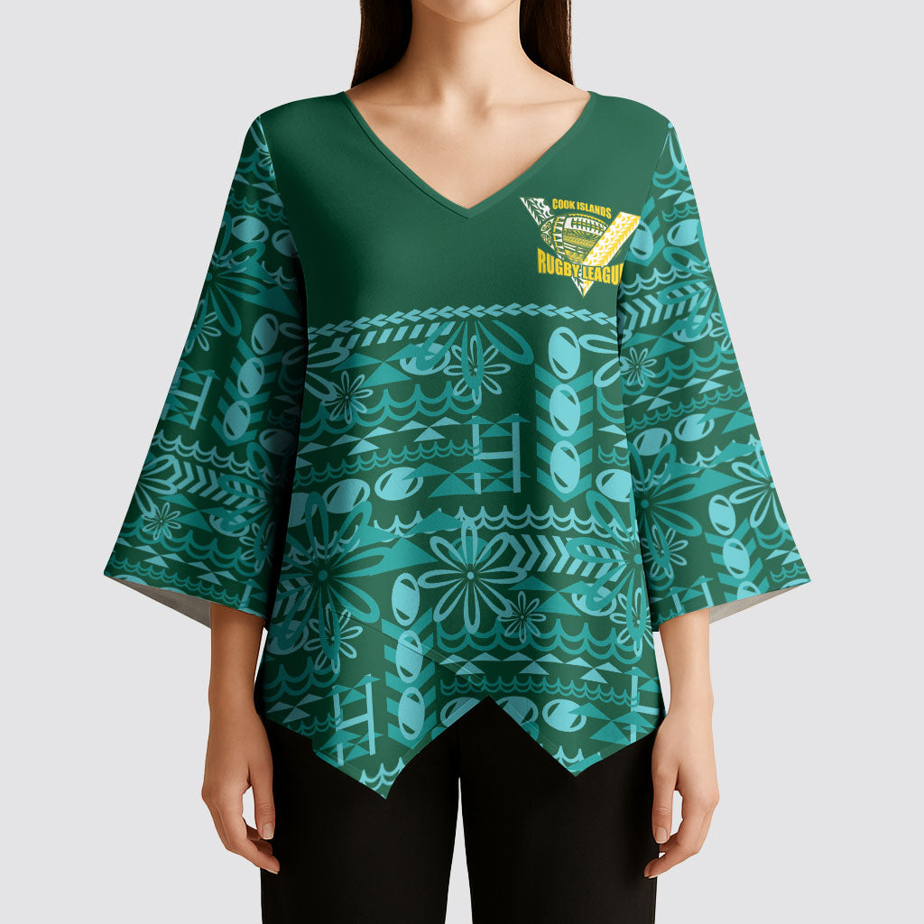 Cook Islands Island Floral Kimono Sleeve Blouse Teal Traditional Kuki's Geometric Pattern LT9 - Polynesian Pride