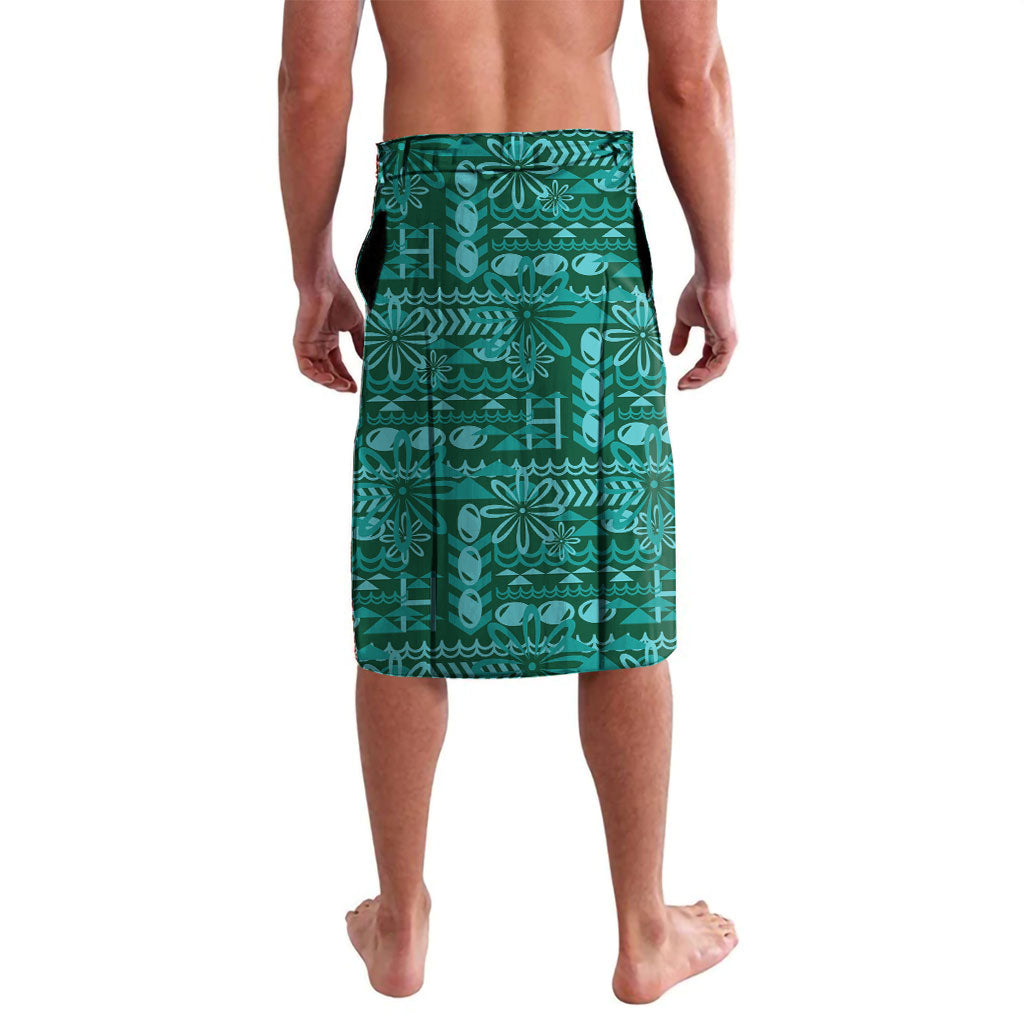 Cook Islands Island Floral Lavalava Teal Traditional Kuki's Geometric Pattern