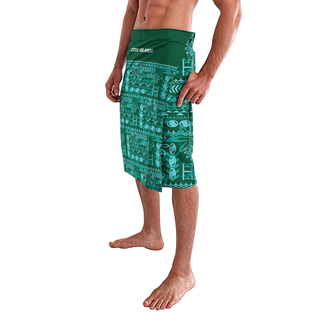 Cook Islands Island Floral Lavalava Teal Traditional Kuki's Geometric Pattern