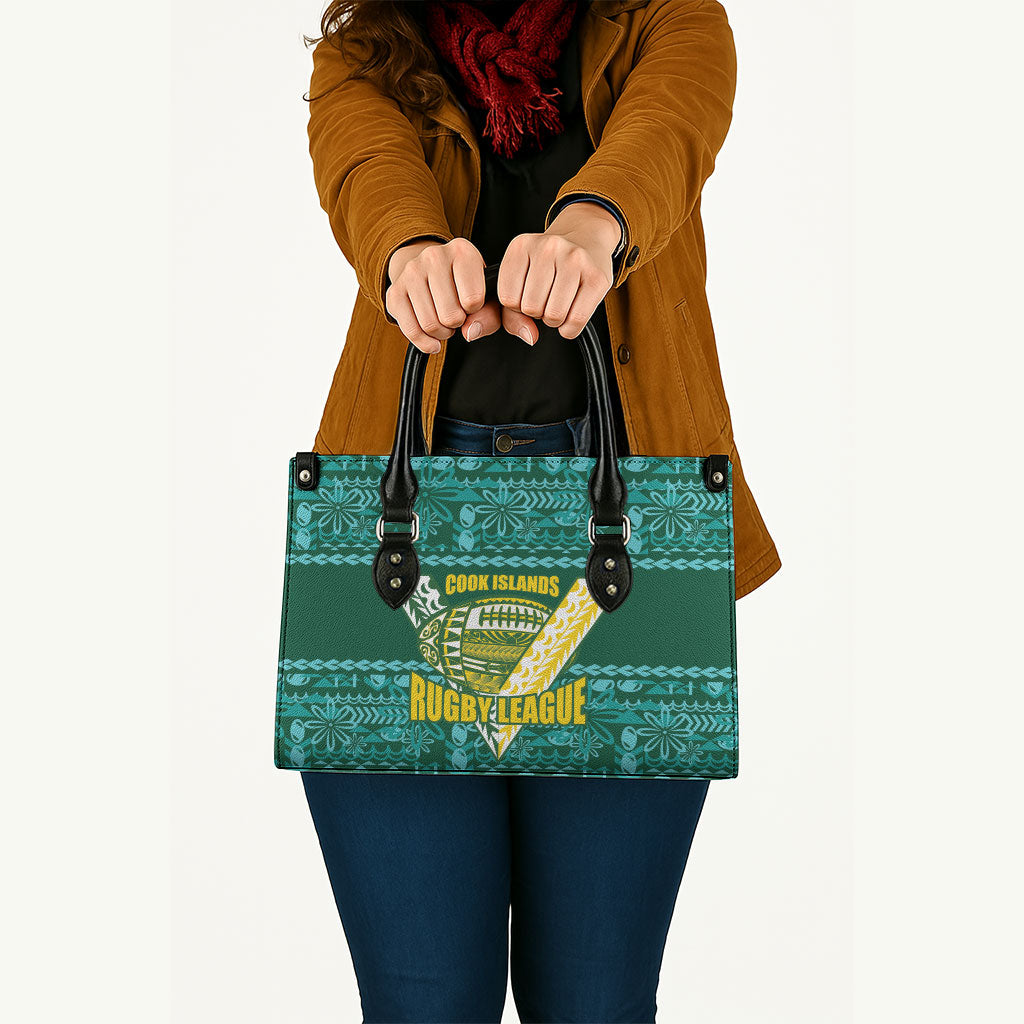 Cook Islands Island Floral Leather Bag Teal Traditional Kuki's Geometric Pattern