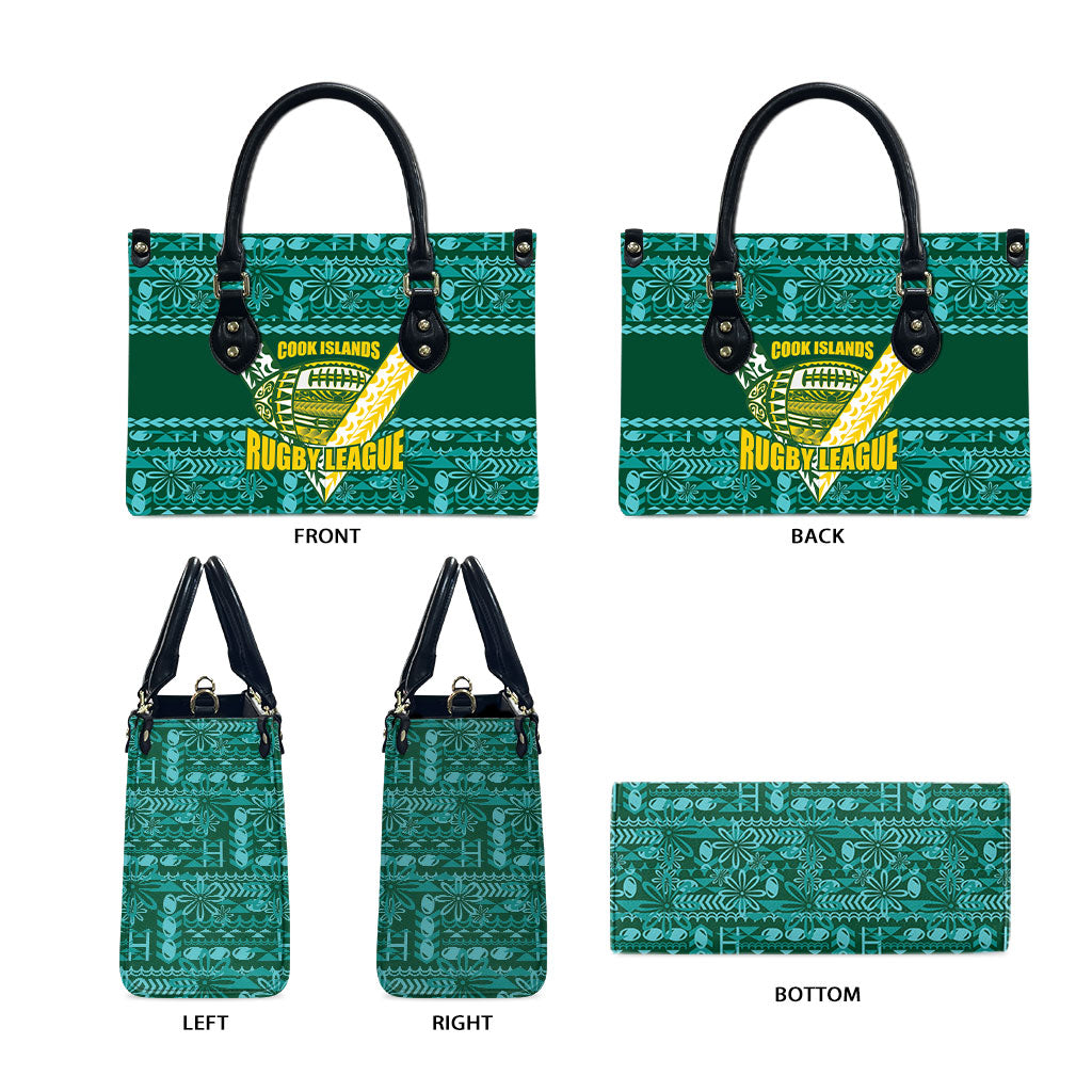 Cook Islands Island Floral Leather Bag Teal Traditional Kuki's Geometric Pattern