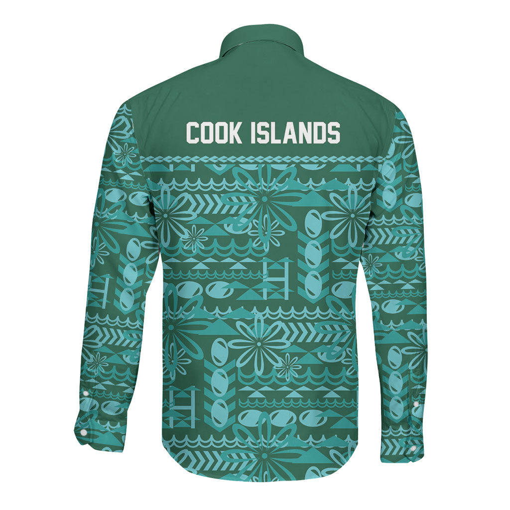Cook Islands Island Floral Long Sleeve Button Shirt Teal Traditional Kuki's Geometric Pattern LT9 - Polynesian Pride