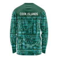Cook Islands Island Floral Long Sleeve Shirt Teal Traditional Kuki's Geometric Pattern LT9 - Polynesian Pride