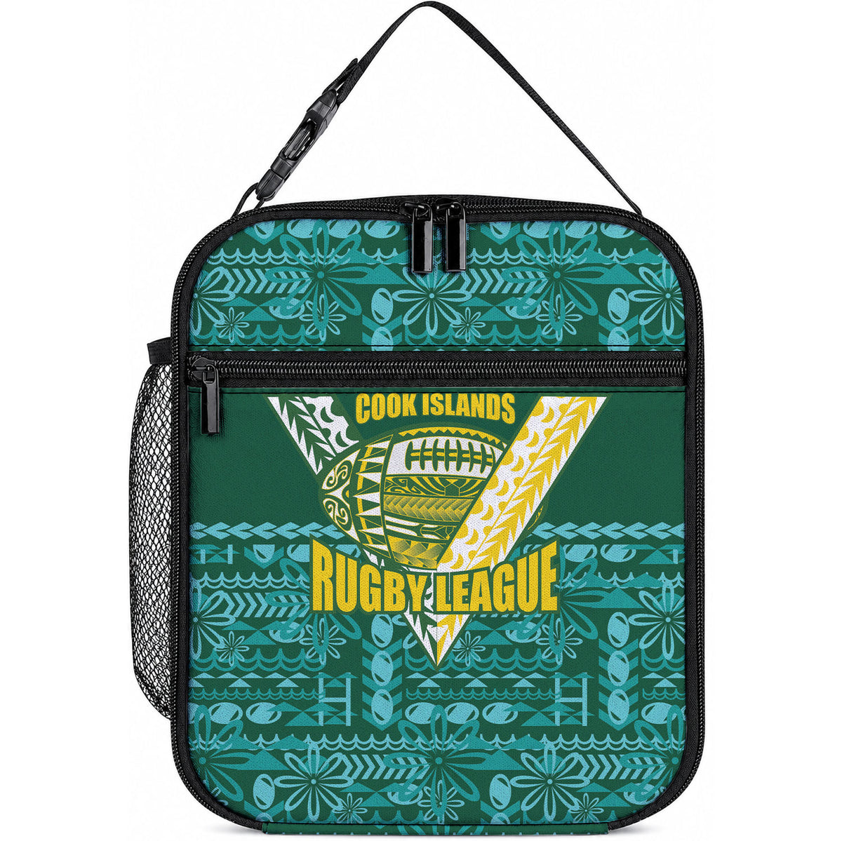 Cook Islands Island Floral Lunch Bag Teal Traditional Kuki's Geometric Pattern LT9 10.2 × 8.3 × 4.3 inch Teal - Polynesian Pride