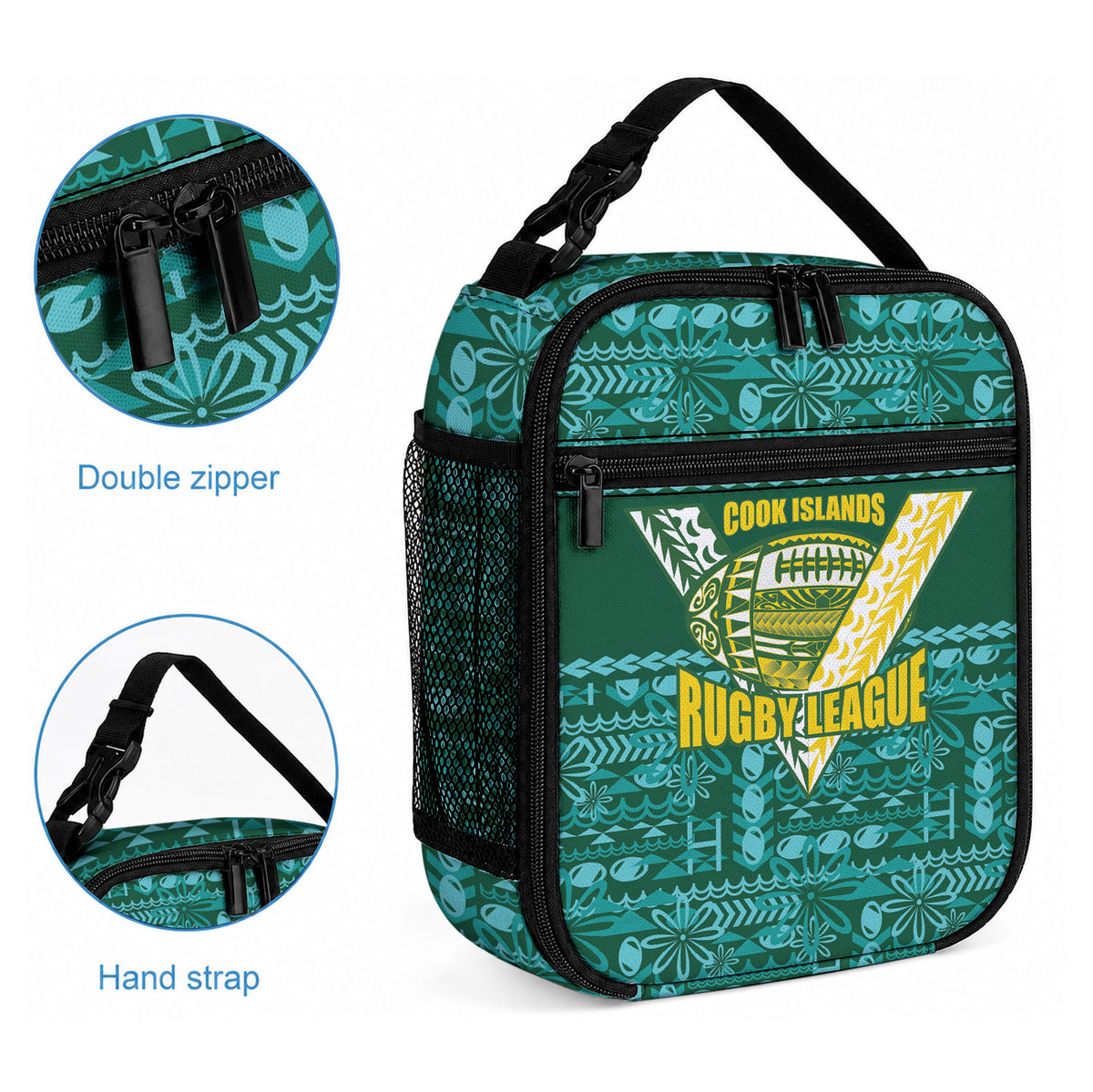 Cook Islands Island Floral Lunch Bag Teal Traditional Kuki's Geometric Pattern LT9 - Polynesian Pride