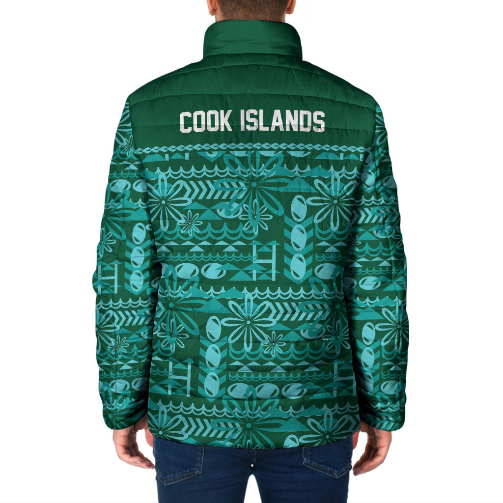 Cook Islands Island Floral Padded Jacket Teal Traditional Kuki's Geometric Pattern