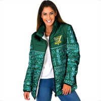 Cook Islands Island Floral Padded Jacket Teal Traditional Kuki's Geometric Pattern