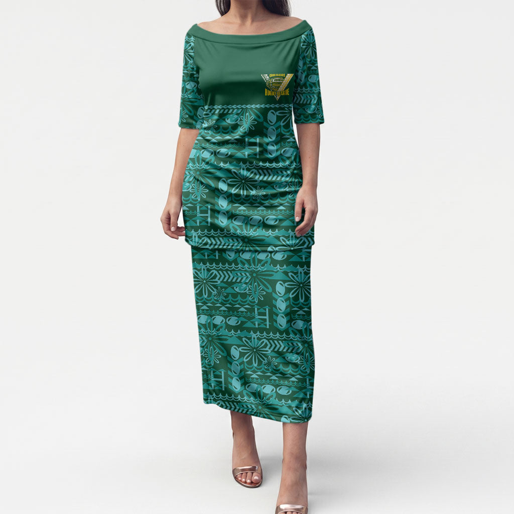 Cook Islands Island Floral Puletasi Teal Traditional Kuki's Geometric Pattern LT9 Long Dress Teal - Polynesian Pride