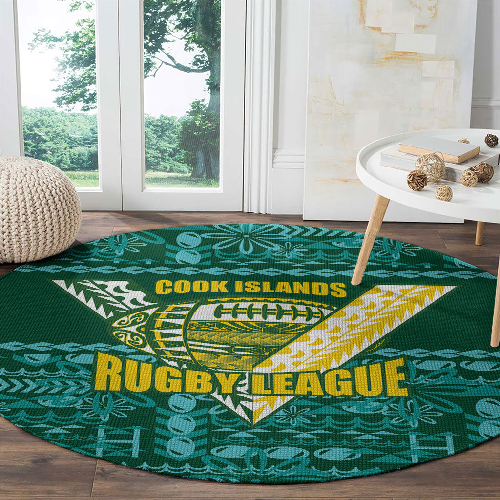 Cook Islands Island Floral Round Carpet Teal Traditional Kuki's Geometric Pattern