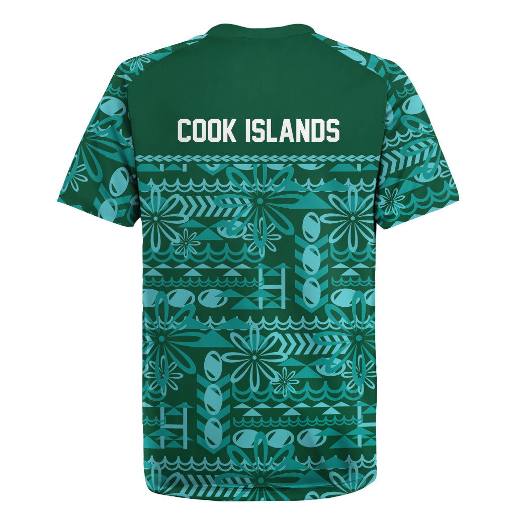 Cook Islands Island Floral Rugby Jersey Teal Traditional Kuki's Geometric Pattern LT9 - Polynesian Pride