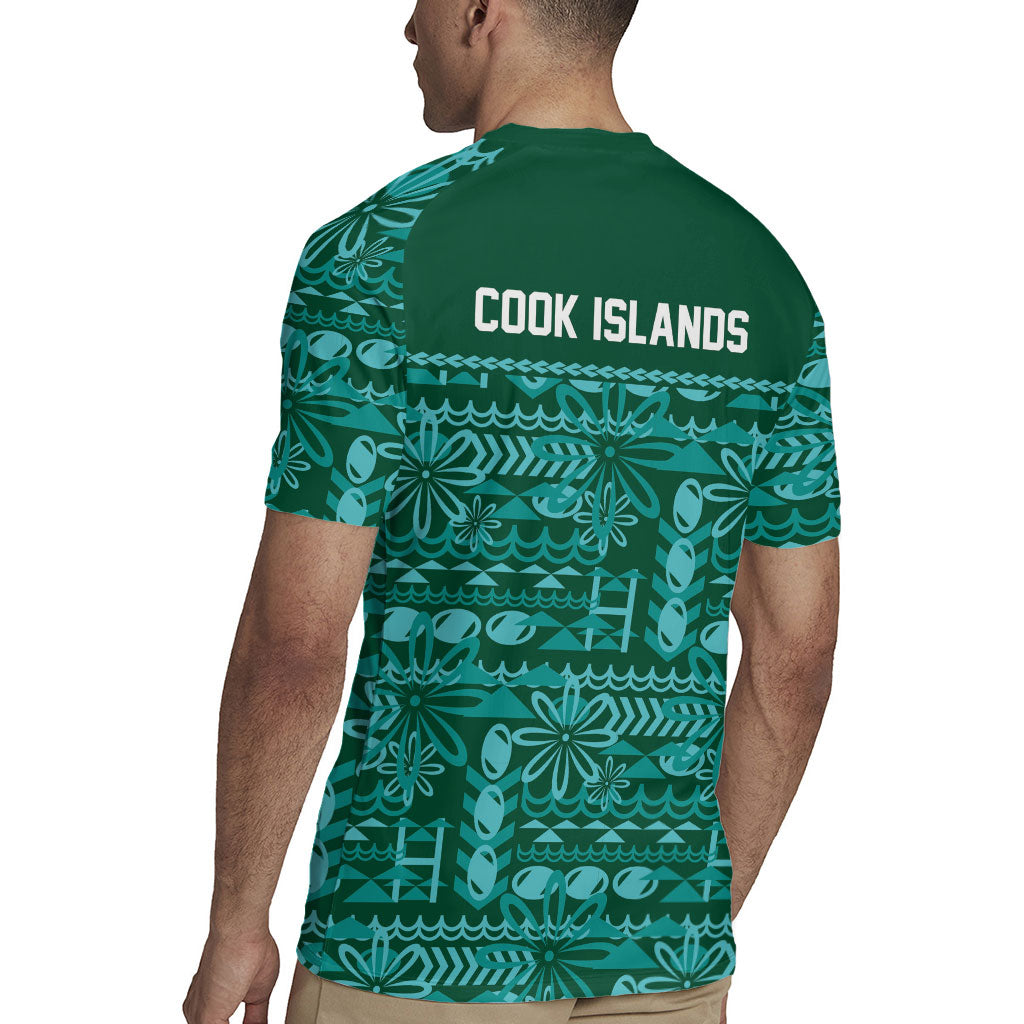 Cook Islands Island Floral Rugby Jersey Teal Traditional Kuki's Geometric Pattern LT9 - Polynesian Pride