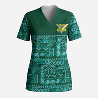 Cook Islands Island Floral Scrub Top Teal Traditional Kuki's Geometric Pattern