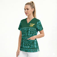 Cook Islands Island Floral Scrub Top Teal Traditional Kuki's Geometric Pattern
