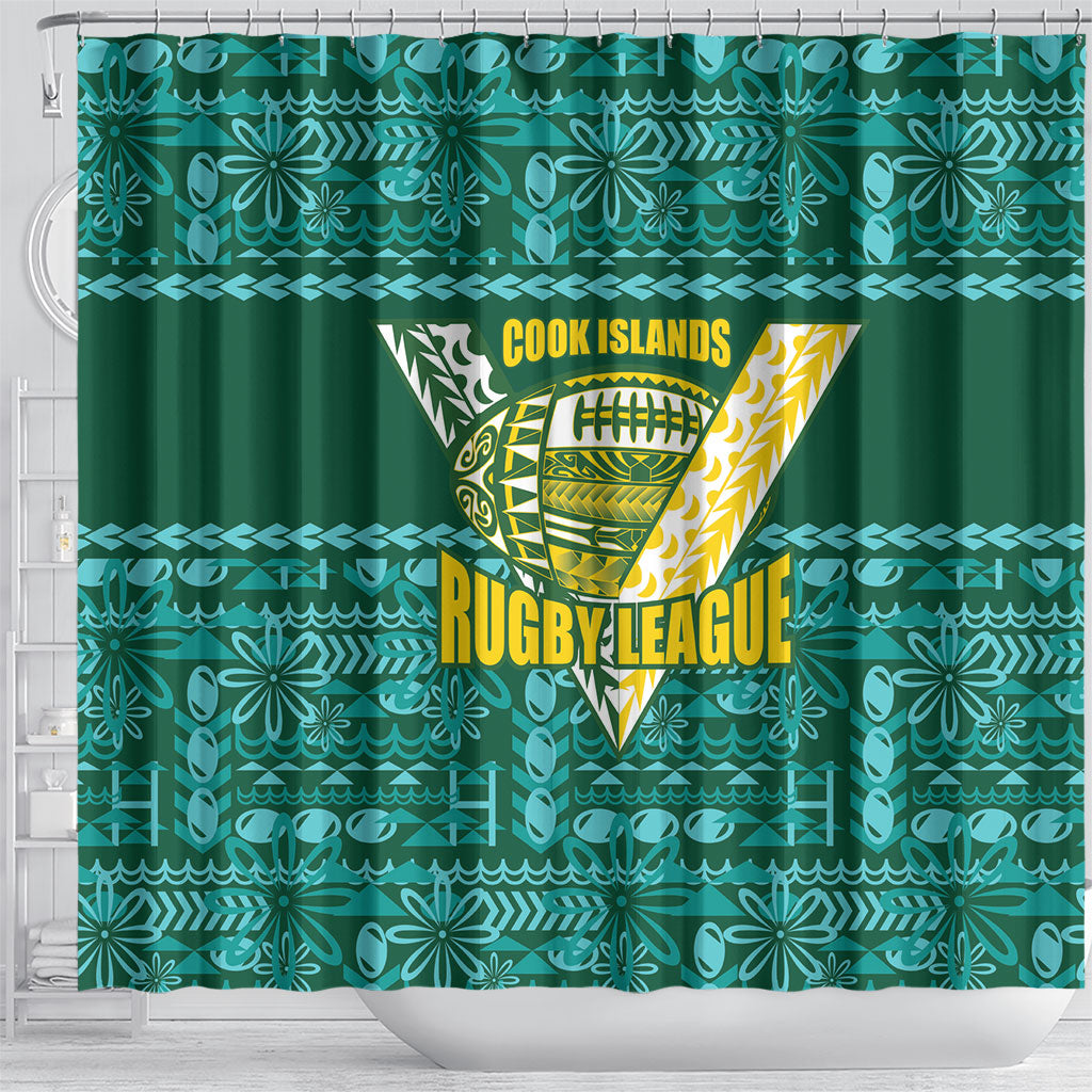Cook Islands Island Floral Shower Curtain Teal Traditional Kuki's Geometric Pattern LT9 - Polynesian Pride