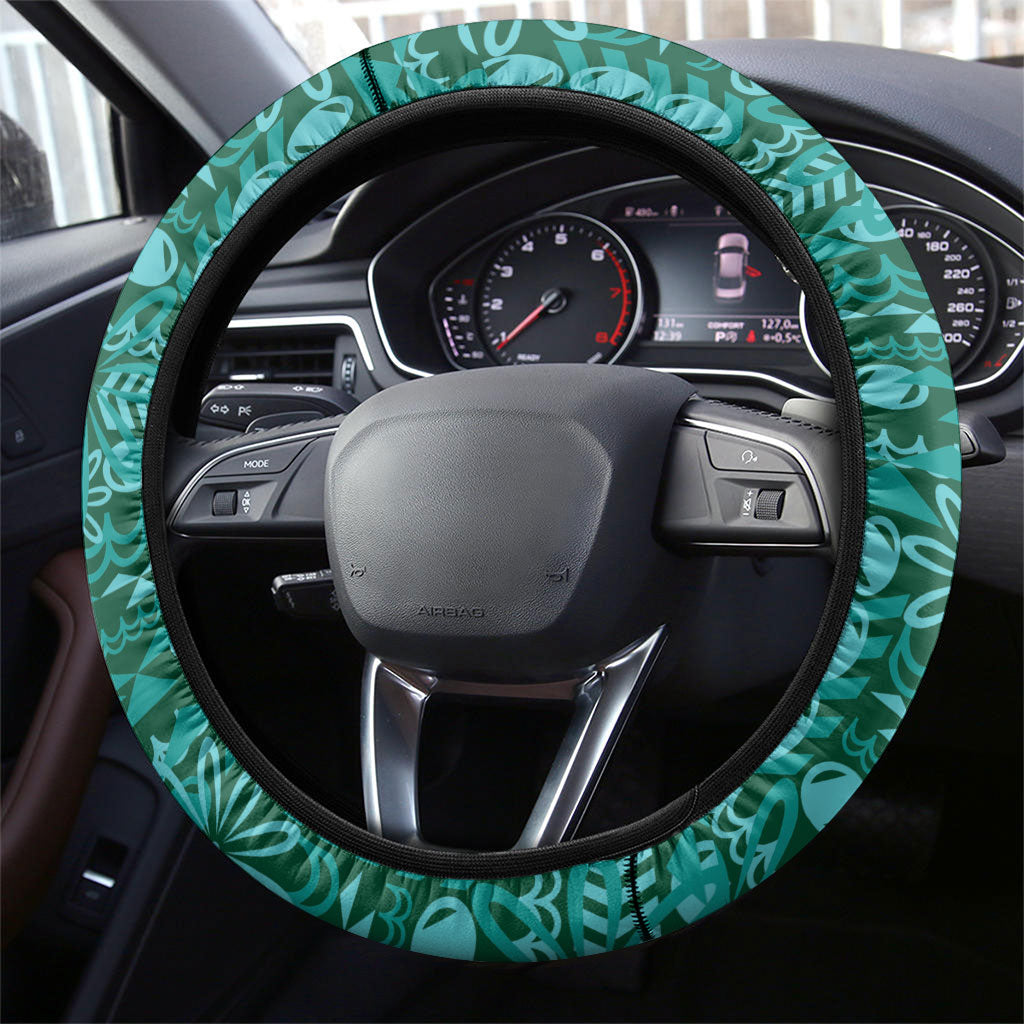 Cook Islands Island Floral Steering Wheel Cover Teal Traditional Kuki's Geometric Pattern LT9 - Polynesian Pride