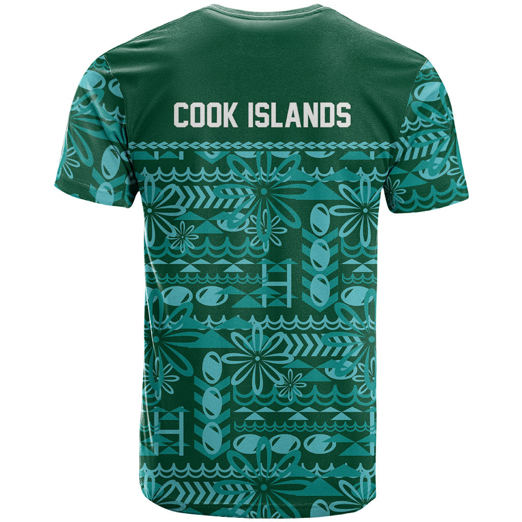 Cook Islands Island Floral T Shirt Teal Traditional Kuki's Geometric Pattern LT9 - Polynesian Pride