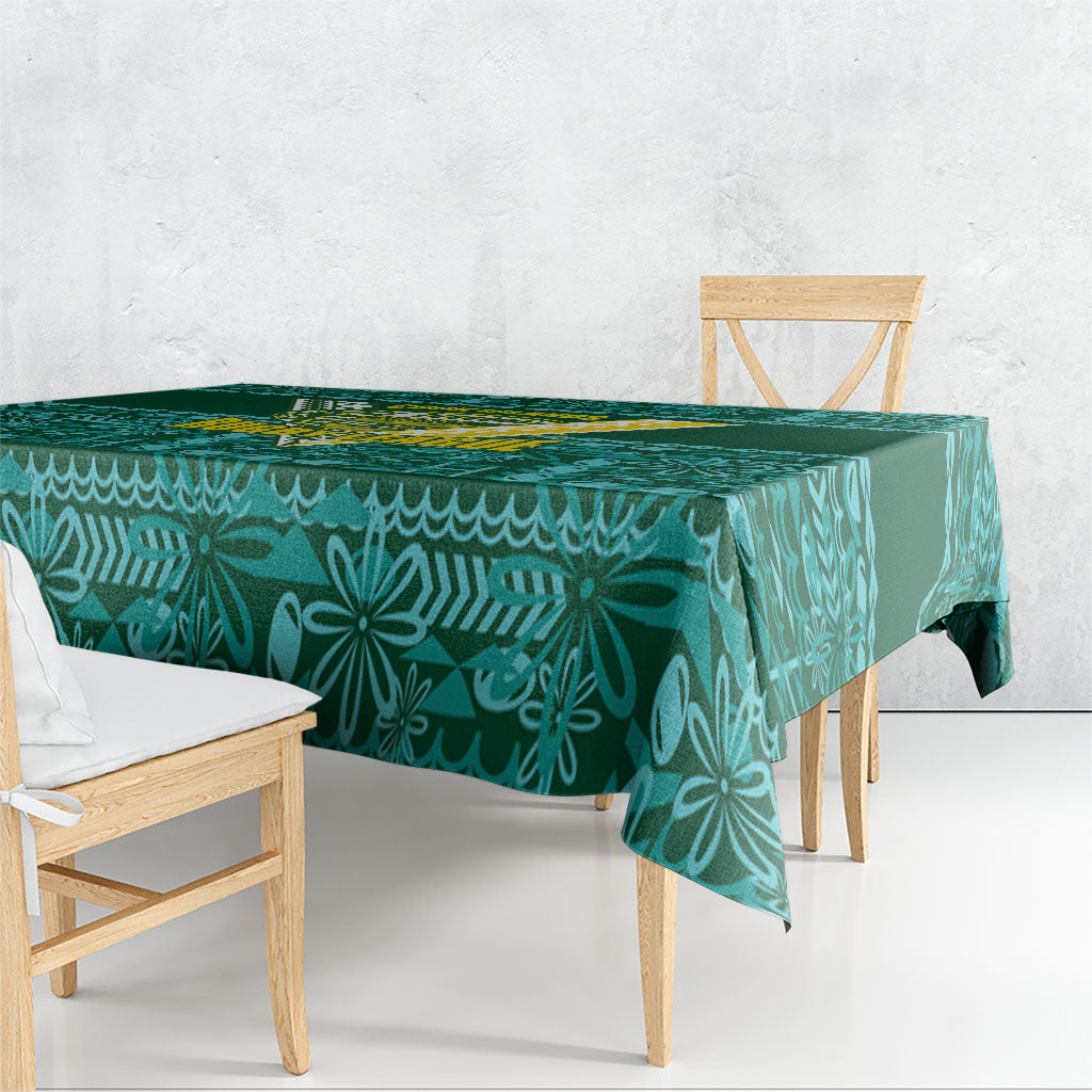 Cook Islands Island Floral Tablecloth Teal Traditional Kuki's Geometric Pattern