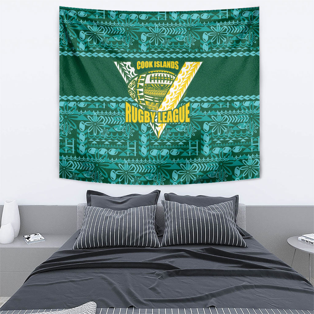 Cook Islands Island Floral Tapestry Teal Traditional Kuki's Geometric Pattern