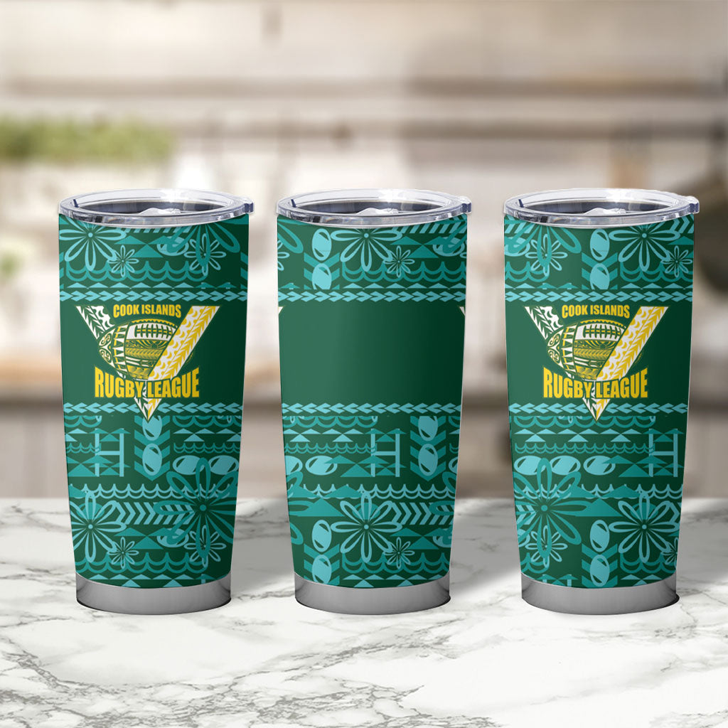 Cook Islands Island Floral Tumbler Cup Teal Traditional Kuki's Geometric Pattern LT9 - Polynesian Pride