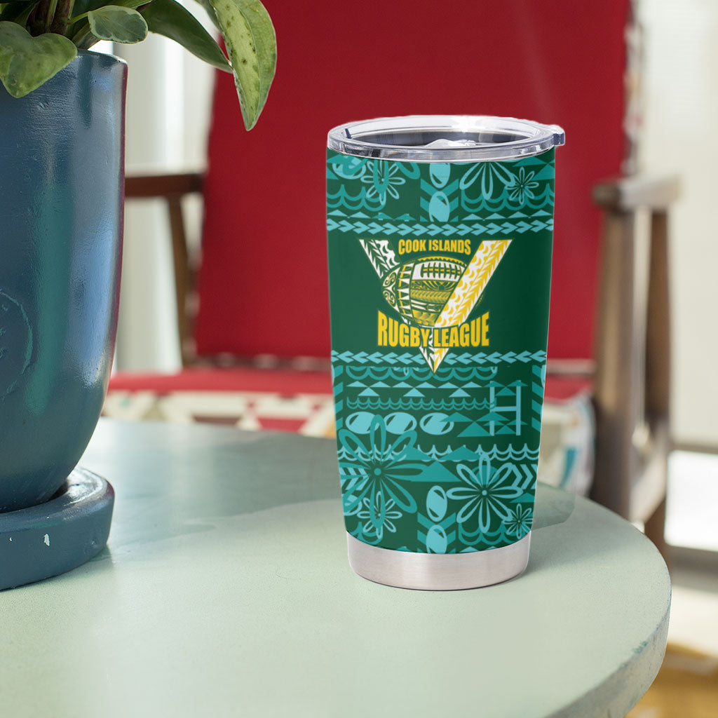 Cook Islands Island Floral Tumbler Cup Teal Traditional Kuki's Geometric Pattern LT9 - Polynesian Pride