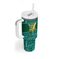 Cook Islands Island Floral Tumbler With Handle Teal Traditional Kuki's Geometric Pattern LT9 - Polynesian Pride