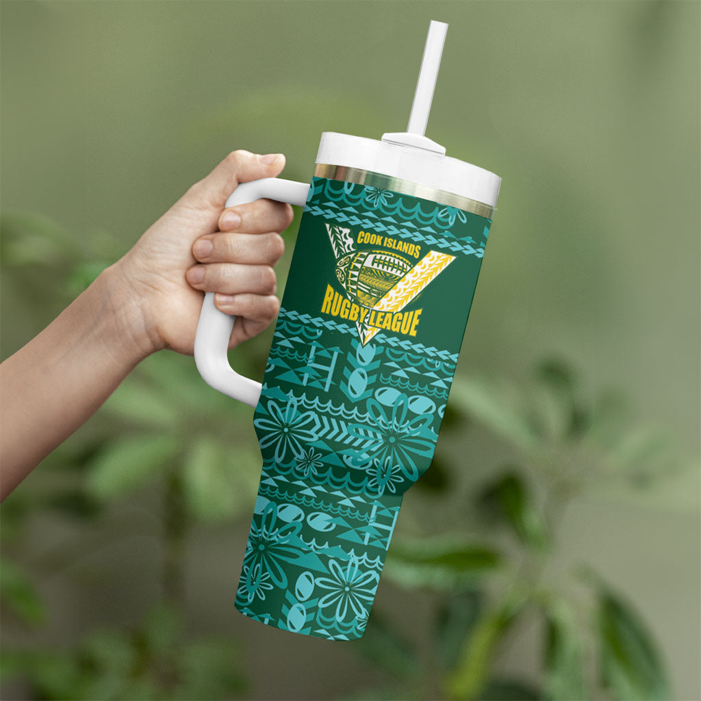 Cook Islands Island Floral Tumbler With Handle Teal Traditional Kuki's Geometric Pattern LT9 - Polynesian Pride