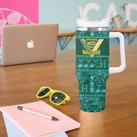 Cook Islands Island Floral Tumbler With Handle Teal Traditional Kuki's Geometric Pattern LT9 - Polynesian Pride