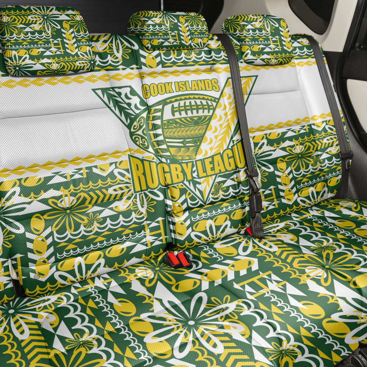 Cook Islands Island Floral Back Car Seat Cover Green Traditional Kuki's Geometric Pattern LT9 - Polynesian Pride