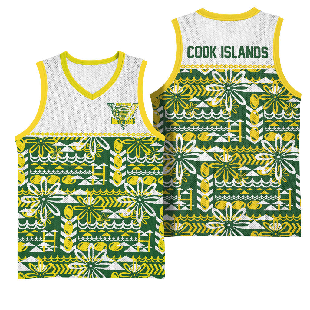 Cook Islands Island Floral Basketball Jersey Green Traditional Kuki's Geometric Pattern LT9 - Polynesian Pride