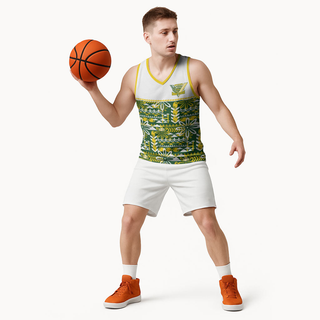 Cook Islands Island Floral Basketball Jersey Green Traditional Kuki's Geometric Pattern LT9 - Polynesian Pride