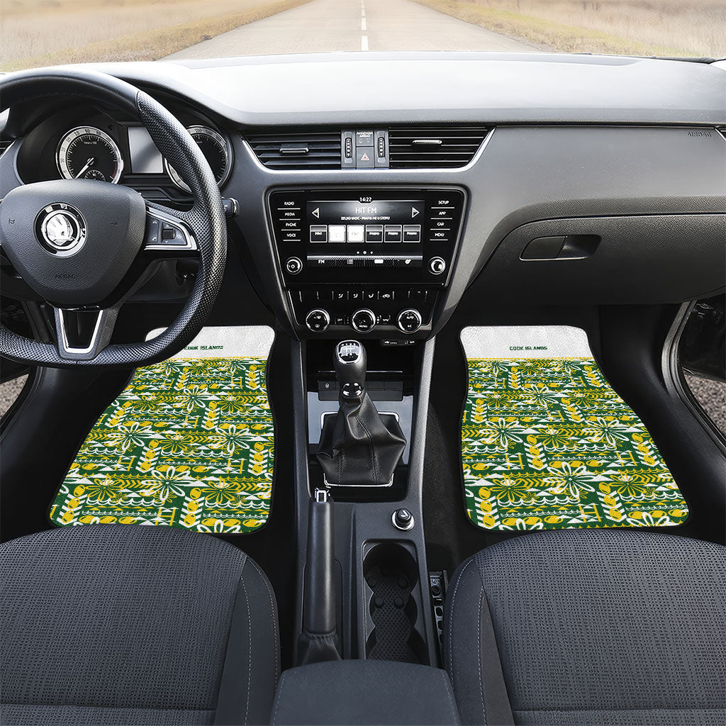 Cook Islands Island Floral Car Mats Green Traditional Kuki's Geometric Pattern LT9 Set 2pcs - Front Green - Polynesian Pride