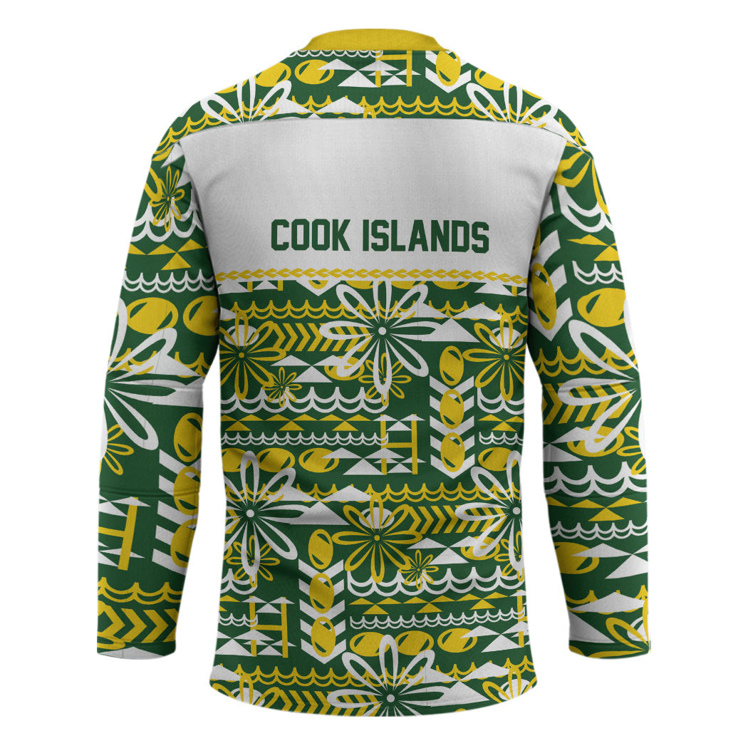 Cook Islands Island Floral Hockey Jersey Green Traditional Kuki's Geometric Pattern LT9 - Polynesian Pride
