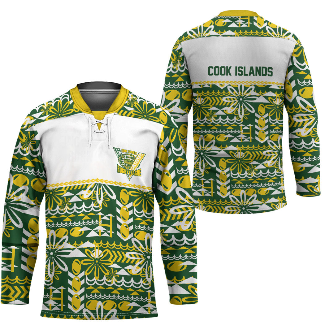 Cook Islands Island Floral Hockey Jersey Green Traditional Kuki's Geometric Pattern LT9 - Polynesian Pride