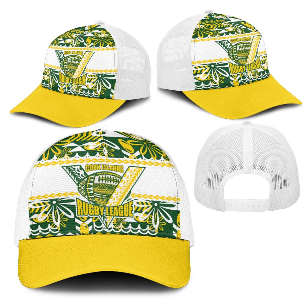 Cook Islands Island Floral Mesh Trucker Cap Green Traditional Kuki's Geometric Pattern LT9 - Polynesian Pride