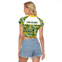 Cook Islands Island Floral Raglan Cropped T Shirt Green Traditional Kuki's Geometric Pattern LT9 - Polynesian Pride