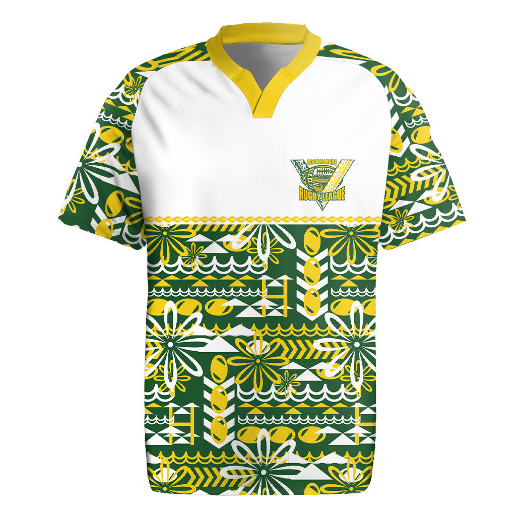 Cook Islands Island Floral Rugby Jersey Green Traditional Kuki's Geometric Pattern LT9 Green - Polynesian Pride