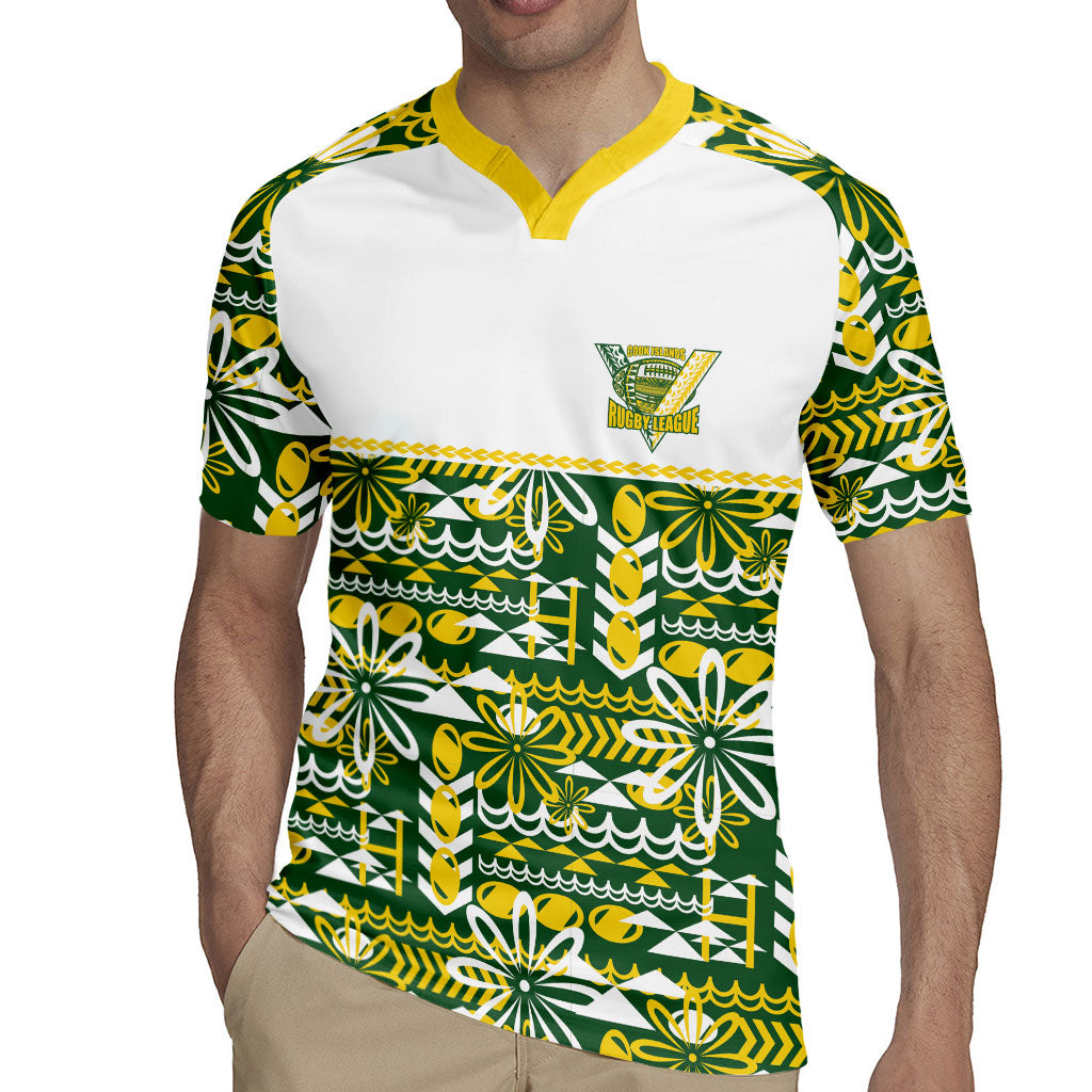 Cook Islands Island Floral Rugby Jersey Green Traditional Kuki's Geometric Pattern LT9 - Polynesian Pride